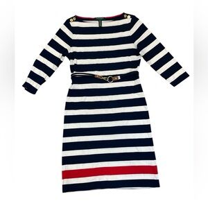 Lauren Ralph Lauren Petite Striped 3/4 Sleeve Striped Belted Dress